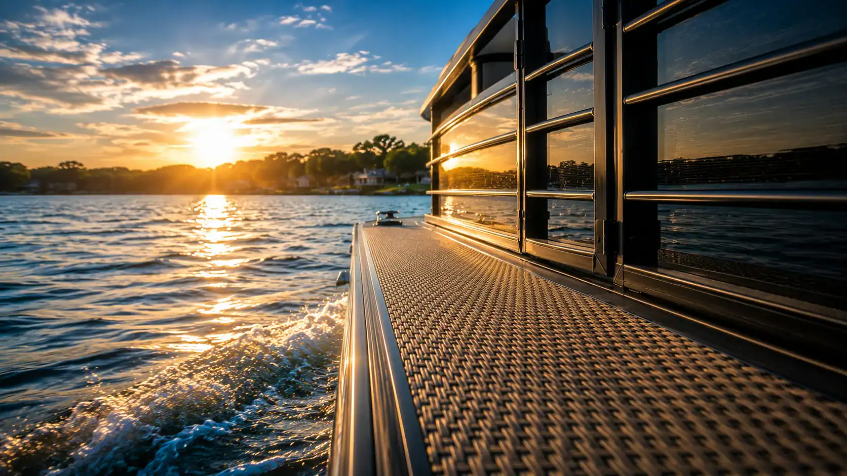 Premium pontoon boat cruising on Lake Murray at sunset near Columbia SC.
